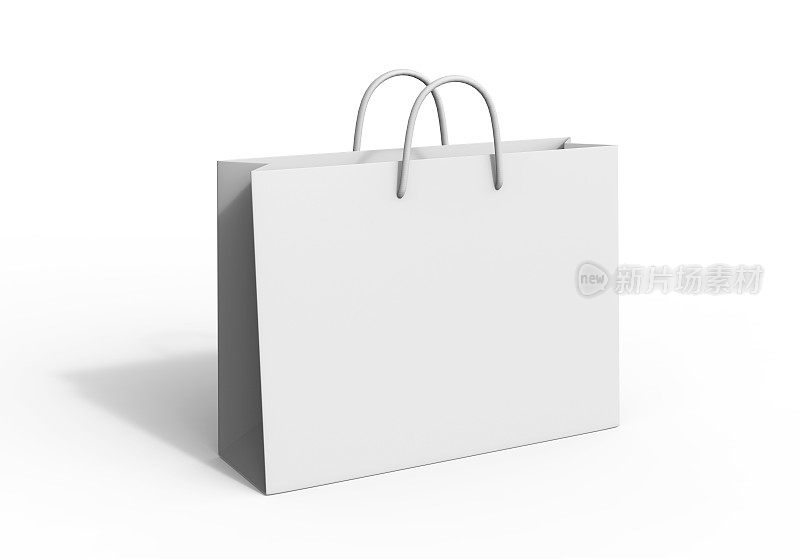 白色空白购物纸袋孤立在白色背景上模拟和模板设计。3 d渲染插图。